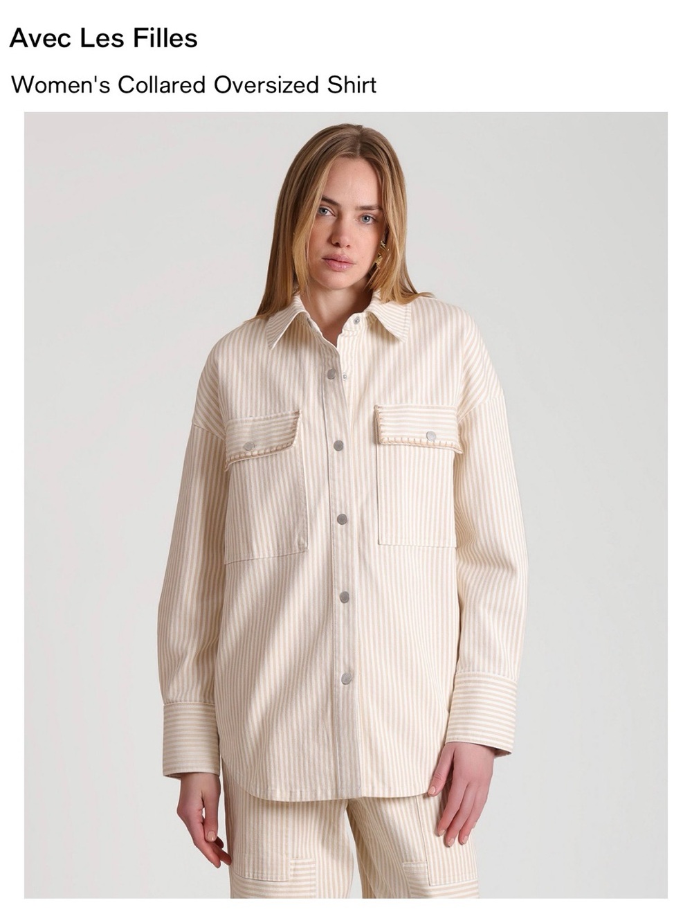 Avec Les Filles Cream Striped Collared Shirt Jacket